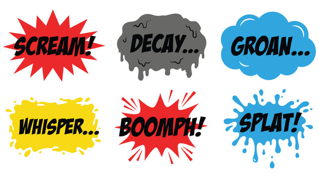 Comic speech bubbles with different exclamations scream decay groan whisper boomph splat.