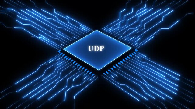 U D P User Datagram Protocol Blue Circuit Board Microchip with Glowing Blue Lines on Black Background for Technology and Networking Concepts. Technology and network concept. 4k video...