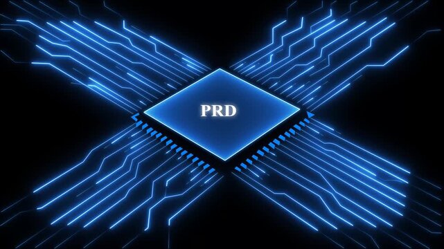 Blue glowing microchip with P R D text on a black circuit board background with neon lights. Technology and network concept. 4k video animation on black background.