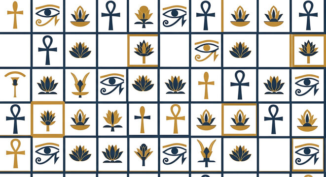 Seamless pattern with ancient egyptian symbols including ankh, eye of horus, and lotus flowers