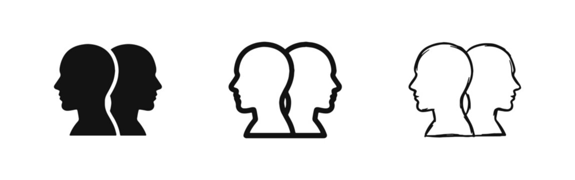 Different Perspectives Icon Set - Two Heads Back to Back in Glyph, Outline, and Sketch Styles