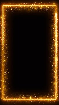 Sparkling gold border frame bright particles, fiery corners, black copy space, premium cinematic glow. ceremony titles, luxury promos, festive cards, gala videos, event intros, display screens, motion