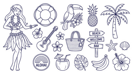 Hawaiian luau party elements and hula dancer on white background. © MDTAZBIRHOSSAIN