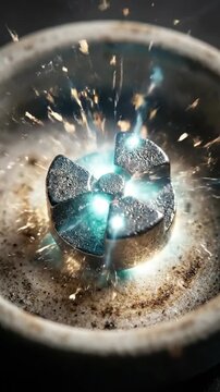 Metallic radiation symbol releasing vibrant blue energy surge within a rustic ceramic bowl, showcasing active particle discharge and intense illumination.