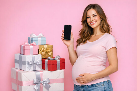 A happy pregnant woman holding a smartphone and displaying gifts against a pink background. She is smiling and appears to be in the third trimester of her pregnancy.