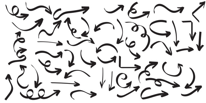 Hand drawn arrow set in various shapes and directions. Vector illustration
