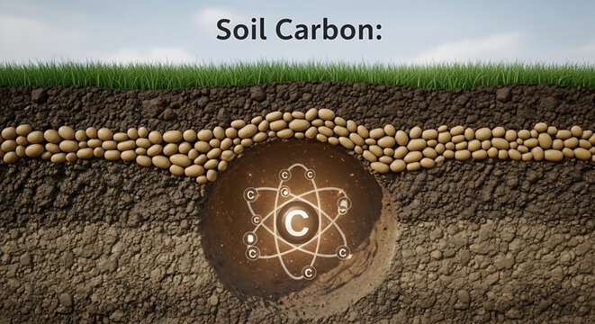 Soil carbon concept with a cross section of earth showing a carbon atom symbol embedded in the ground