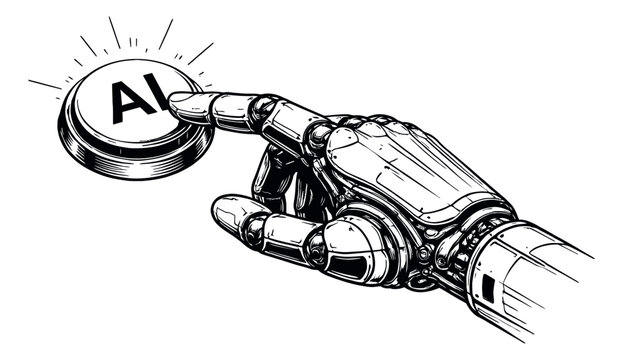 Hand drawn line art illustration of a robot hand depicting pressing an AI button for artificial intelligence technology