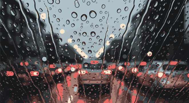 Raindrops on glass distorting a blurry traffic scene with red lights