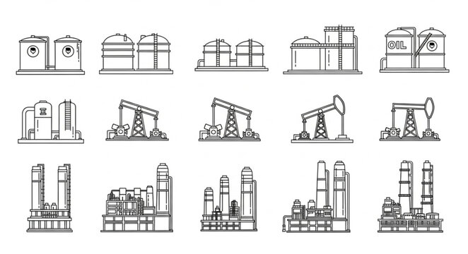 Industrial factory and oil rig illustrations collection.