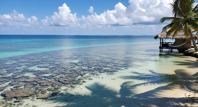 Tropical beach scene with a thatchedroof hut over crystal clear turquoise water and coral reefs