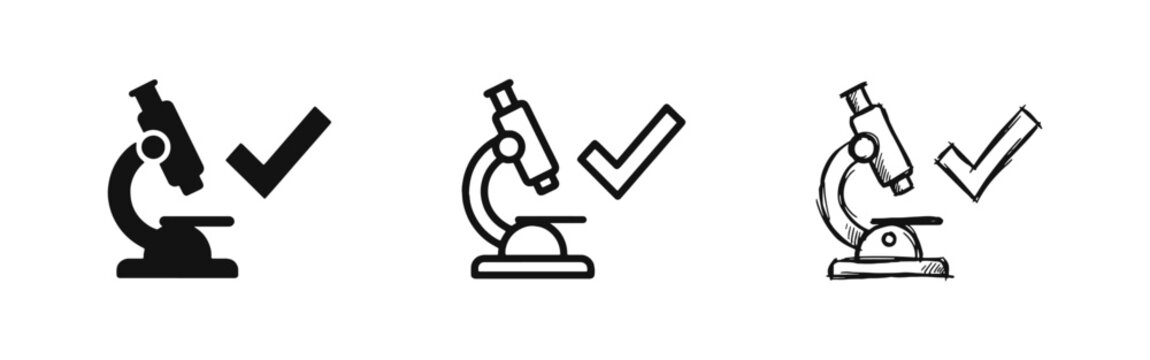 Lab testing and science research icons with microscope and check
