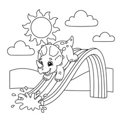 Dinosaur cute baby triceratops sliding on water slide with splash coloring page © Crafter