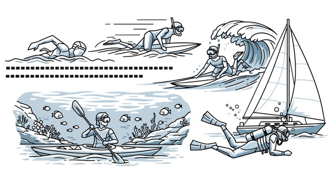 People surfing and sailing on water.