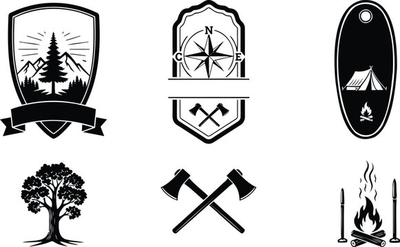 Oval frame campfire and pine trees vector silhouette illustration, camping icon.