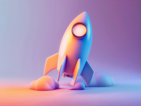 3D rocket launch concept with colorful gradient lighting