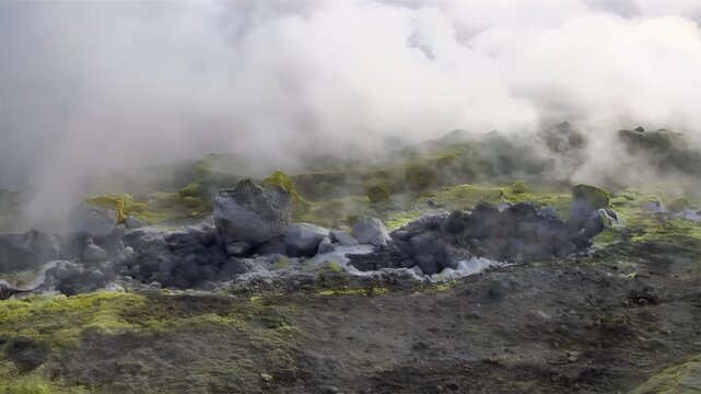 Sulfur fumaroles and chloride crusts on the crater rim, geothermal activity on the slopes of Vulcano Islands, Italy. 
