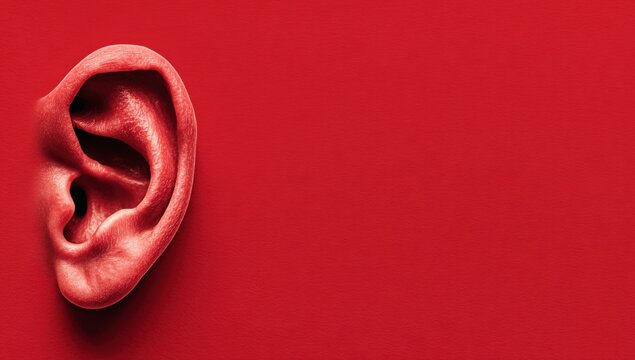 Close-up of a Realistic Human Ear on a Vibrant Red Background.