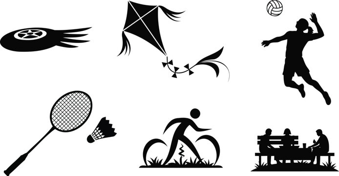 Sports activities silhouette set featuring frisbee kite volleyball badminton and hiking.