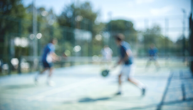Defocused view of athletes playing tennis on a bright day shows dynamic movement and teamwork, with soft shapes and light creating an abstract sports background full of action.