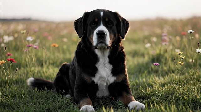 Majestic Bernese Mountain Dog rests peacefully in vibrant wildflower meadow during golden hour, looking directly at camera, displaying calm and serene expression