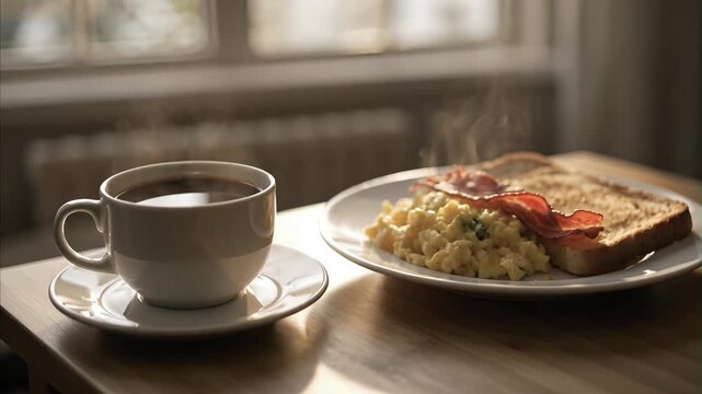 Steaming coffee cup and breakfast plate with scrambled eggs, crispy bacon, and toasted bread on wooden table illuminated by morning sunlight from window Father's Day holiday concept.