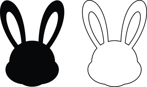 Cute black and white bunny silhouette and outline icons, featuring simple rabbit head vector illustrations perfect for Easter designs, animal logos, or minimalist pet graphics.