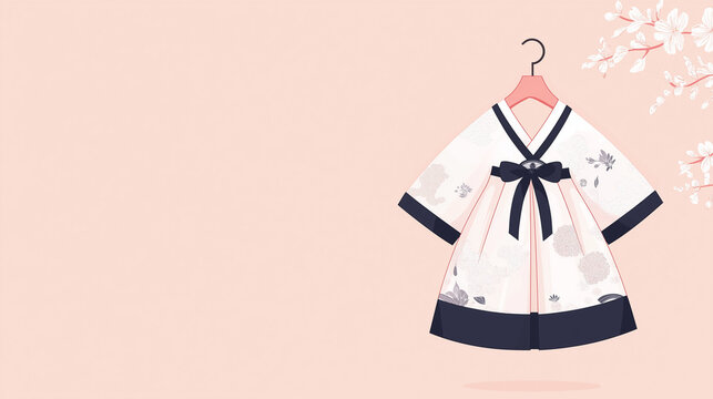 Traditional hanbok dress hanging on hanger against pastel pink background with sakura branch. Korean national costume for holiday celebration. Cultural fashion design with copy space.