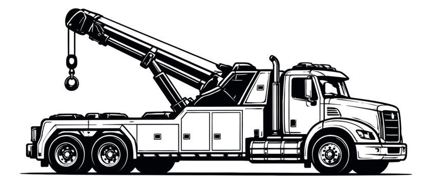 Line art illustration of a heavy duty tow truck depicting it ready for roadside assistance for transport and recovery services