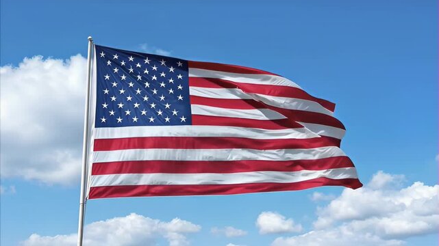 United States of America flag waving majestically against vibrant blue sky with scattered white clouds symbol of patriotism freedom democracy national identity for celebration. Flag Day and Independen