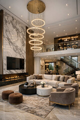 Naklejka premium Beautiful interior design in a lobby with marble walls and ceiling lights.