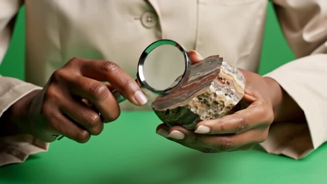 Close-up hands of a geologist examining a textured rock core sample with a magnifying glass isolated on a green screen