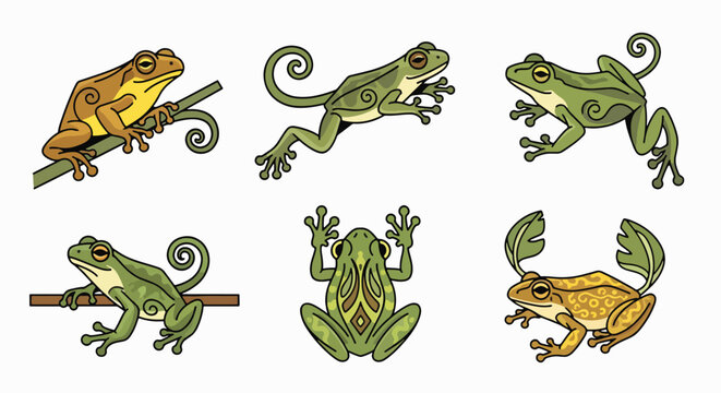 Colorful illustration of six frogs.