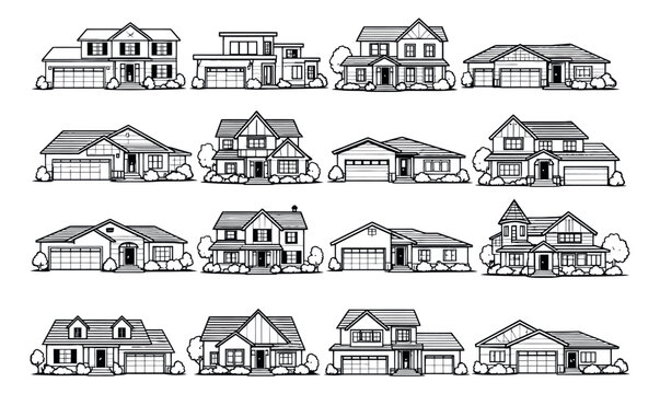 Line art house set featuring different types of family homes with garages for residential real estate projects
