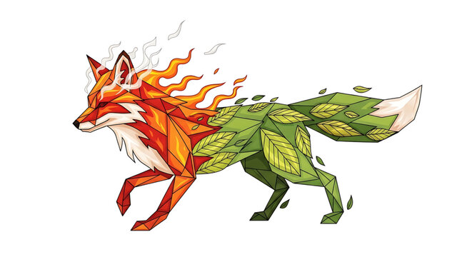 Geometric fox illustration with fire and leaf elements, stylized animal art