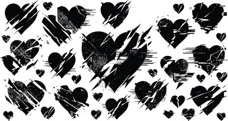 Glitch heart vector set, black broken and distorted silhouettes, collection of grunge street art love icons isolated on white background © Graphiccircle