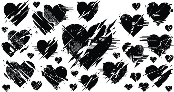 Glitch heart vector set, black broken and distorted silhouettes, collection of grunge street art love icons isolated on white background