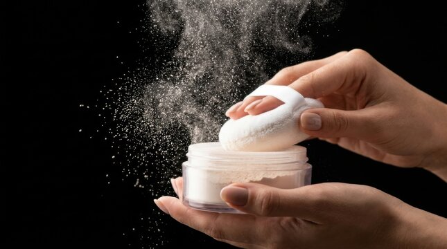 Hand Applying Face Powder from Jar with Puff and Splash Effect