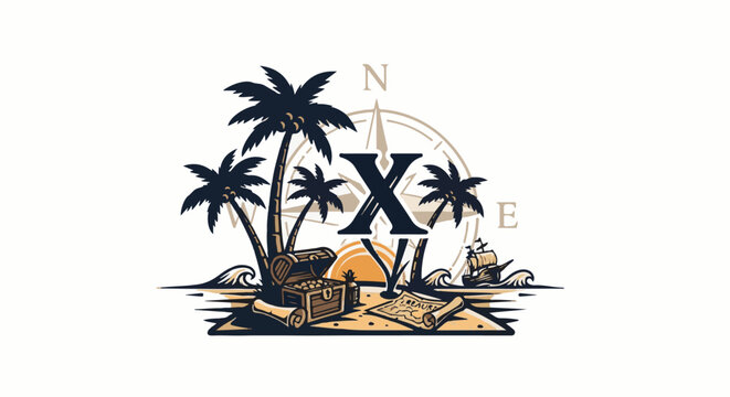 Tropical island with treasure chest, palm trees, compass, and ship