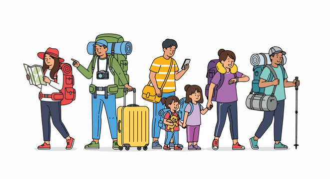 People walking with travel gear on.
