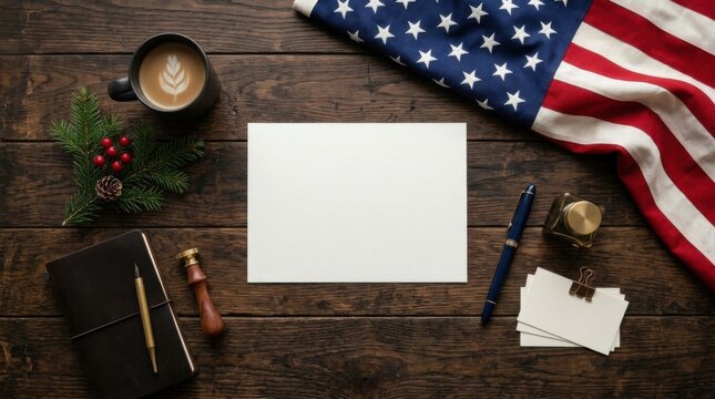 Rustic Desk Workspace with US Flag and Blank Note Card