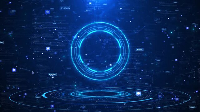 Blue HUD data interface background glowing circular portal, code numbers, network icons, futuristic dashboard depth. AI videos, analytics promos, cyber screens, software demos, digital overlays.