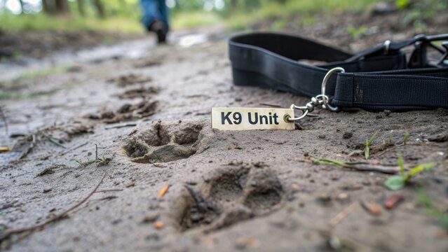 Paw Prints on a Trail with K9 Unit Tag Nearby in the Wilderness