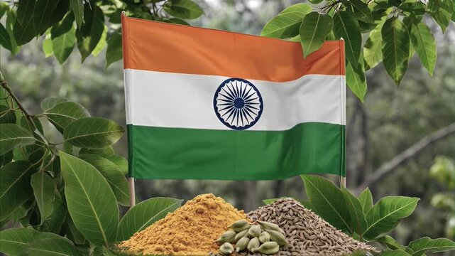 Flag of India waving, framed by lush green leaves, featuring piles of yellow turmeric, cumin seeds, and green cardamom pods on ground, representing diverse agriculture and spice production of nation.