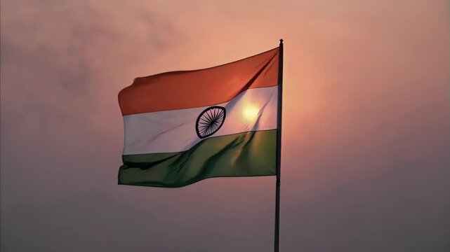Indian national flag waving proudly against vibrant orange sky during beautiful sunset, symbol of nation identity and freedom, representation of patriotism and unity.