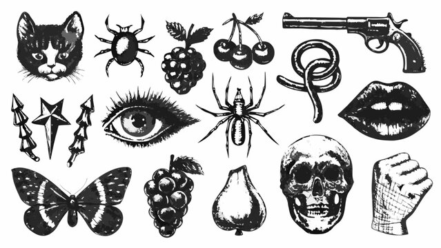 assorted vintage style illustrations of a cat cherries skull spider and various gothic elements high quality professional detailed