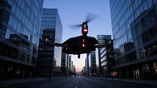 Drone flying low over city street at twilight, surrounded by modern glass office buildings, illuminated with navigation lights, embodying technological progress and urban future.