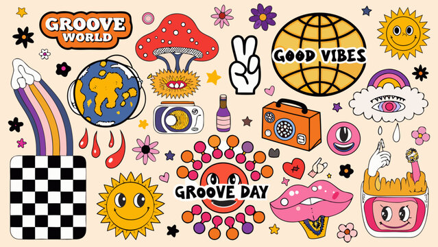 vibrant doodle collection with groovy themed illustrations retro style and colorful background high quality professional detailed modern elegant