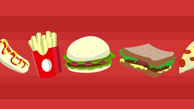 Animated video in cartoon style of various types of food passing by sideways, drawing, art, 2D, food.