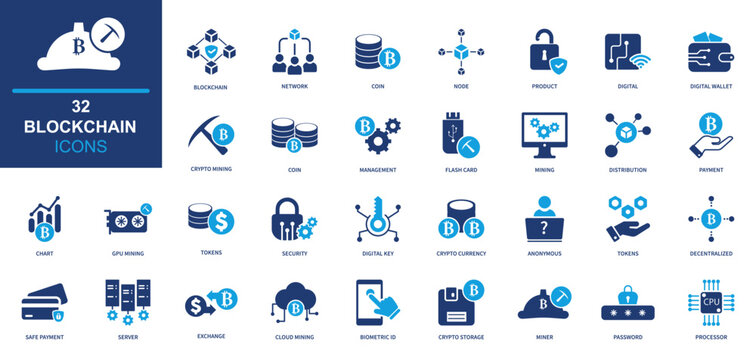Blockchain icon set. cryptocurrency, network, security, data, technology. solid style icon collection.